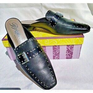 Brighton Hedy Black Pebbled Leather Mule Women 10M Slip On Stud & Buckle 1" Heel